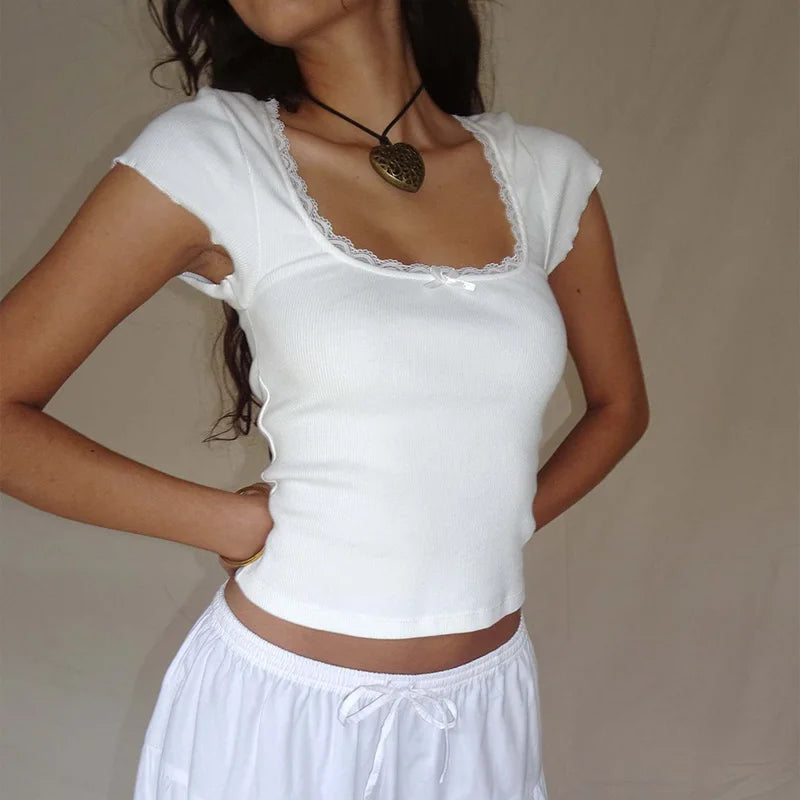 Lace Trim Knitted Crop Top