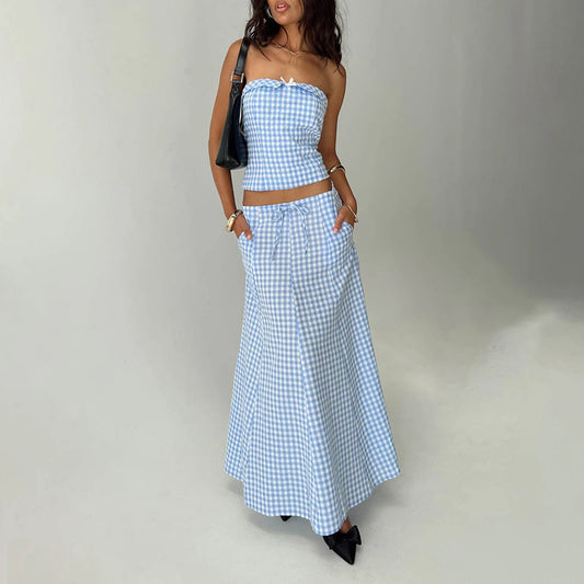 Plaid Maxi Skirt Set Crop Tops