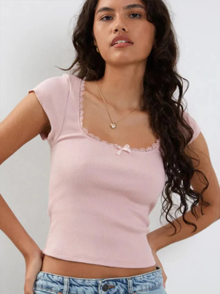 Lace Trim Knitted Crop Top