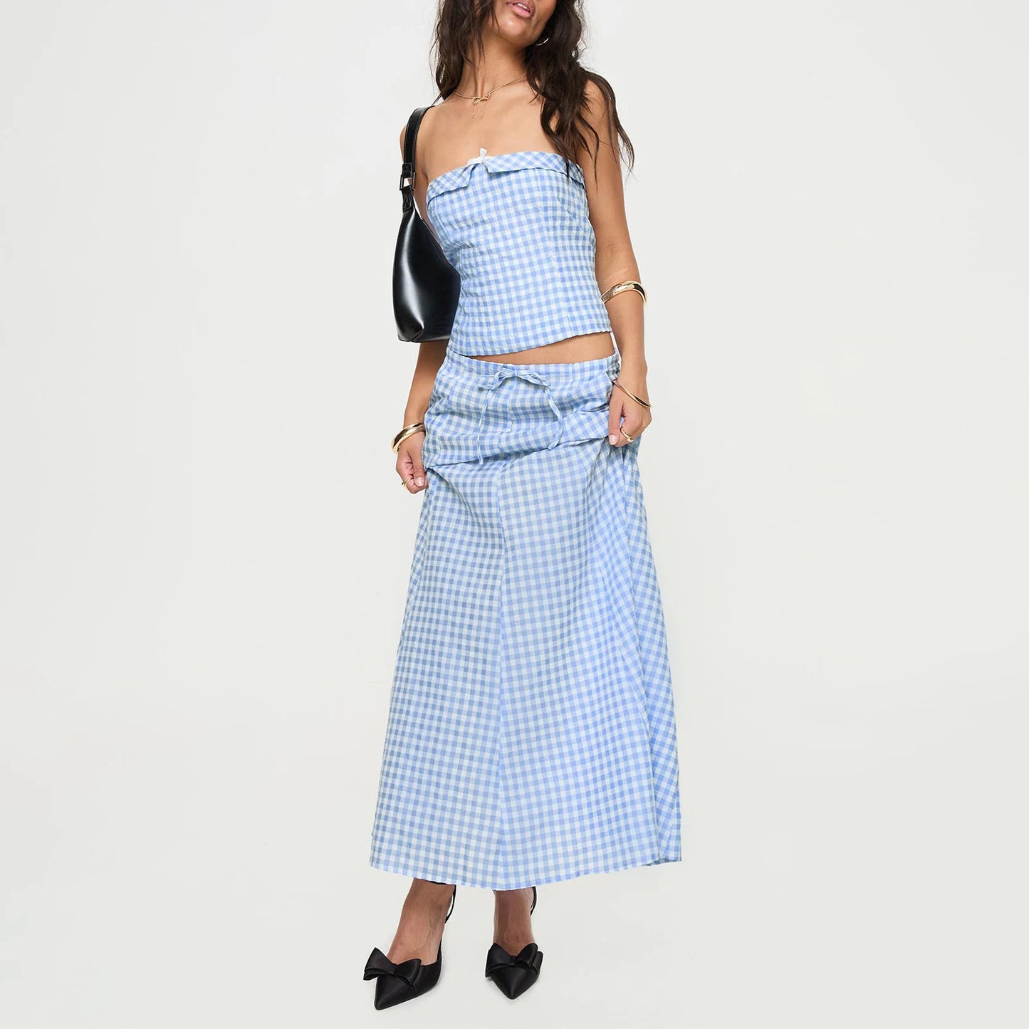 Plaid Maxi Skirt Set Crop Tops