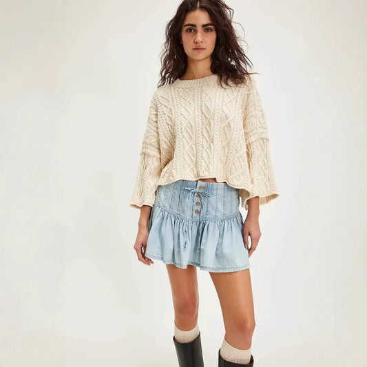 Denim Pleated Mini Skirt