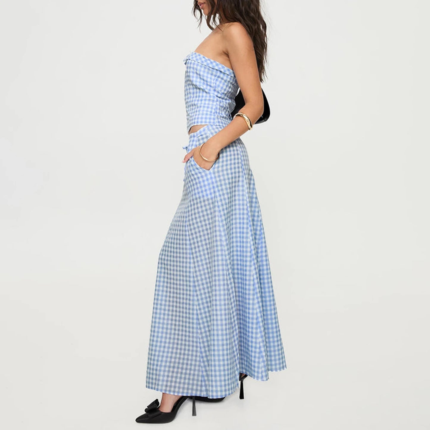Plaid Maxi Skirt Set Crop Tops