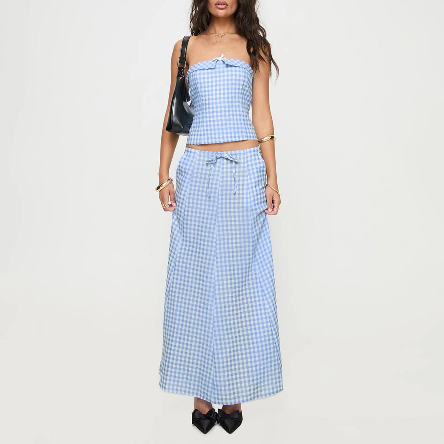 Plaid Maxi Skirt Set Crop Tops