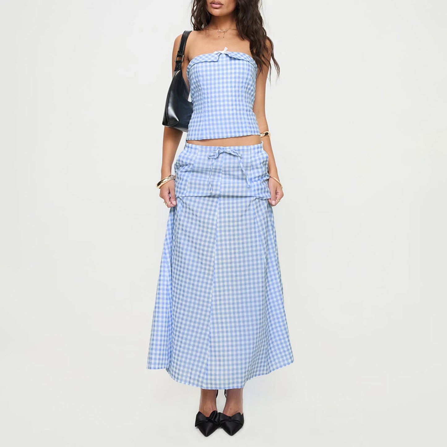 Plaid Maxi Skirt Set Crop Tops