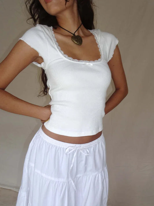 Lace Trim Knitted Crop Top