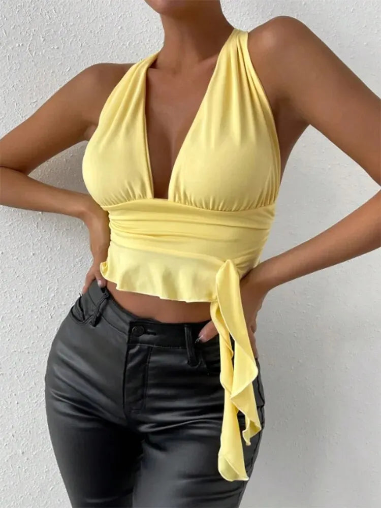 Deep V-neck Pleated Top
