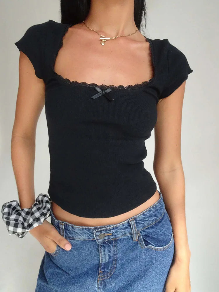Lace Trim Knitted Crop Top