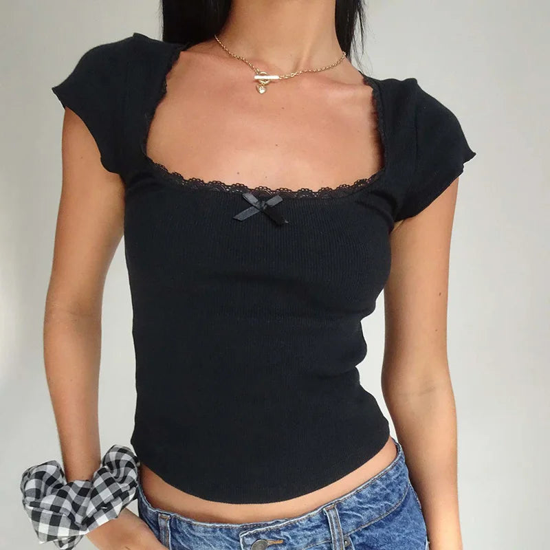 Lace Trim Knitted Crop Top